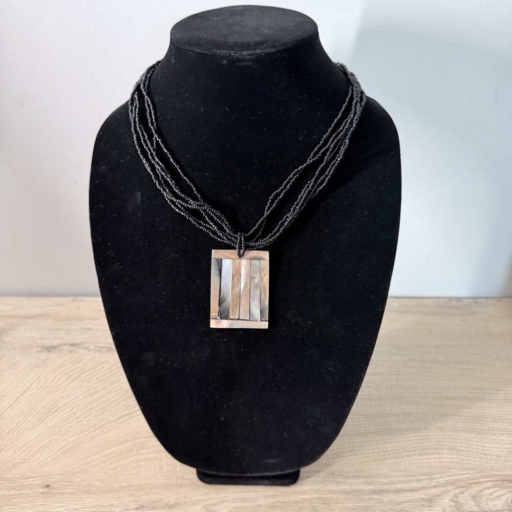 Black Beaded Pendant Necklace‎ Goth Boho Dark Academia Layered Grunge Style